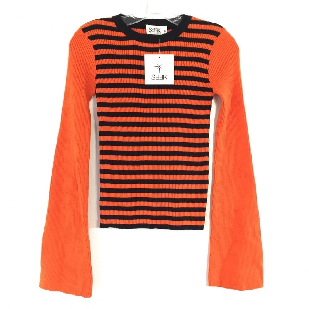 SEEK The Label Orange Black Striped Crewneck Top M NWT
